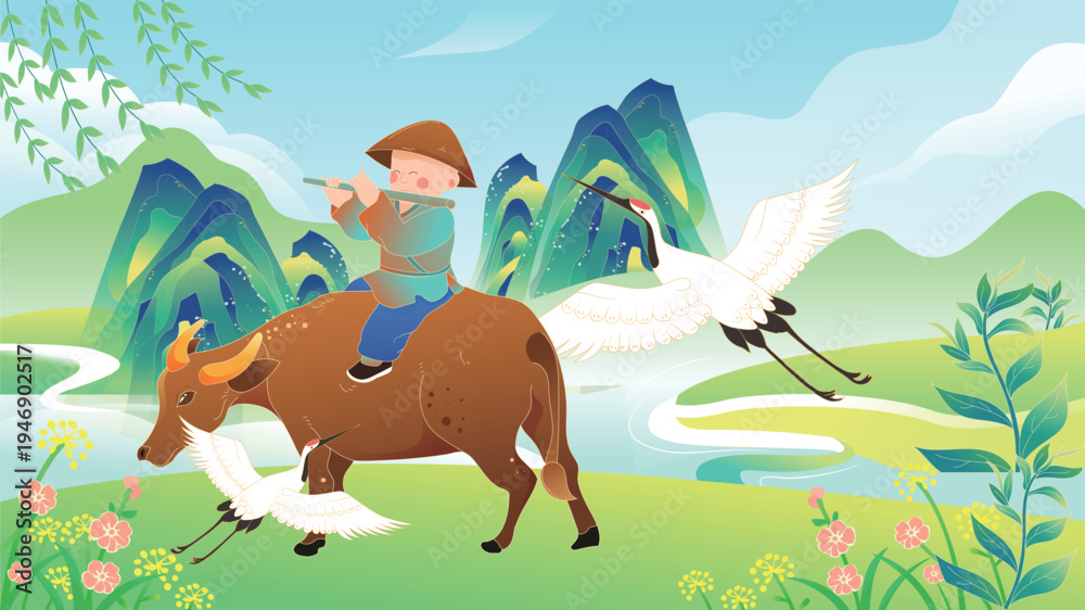 Fototapeta premium A young cowherd riding a buffalo and playing the flute during Qingming Festival