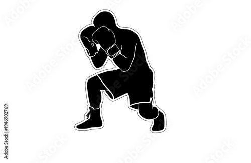 Boxer in Tight Defensive Guard Crouched Stance Silhouette, Professional Fighter Resilience Vector Sticker, Combat Sports Cover Up Icon