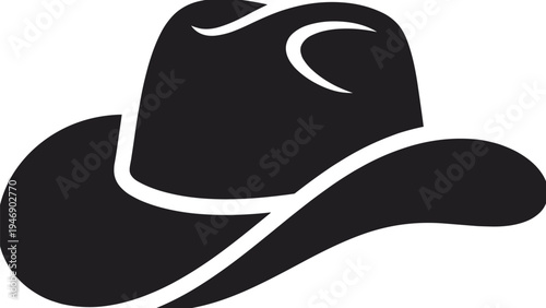 Stylized black cowboy hat silhouette isolated on white background, classic western wild west ranch hat vintage cowboy icon