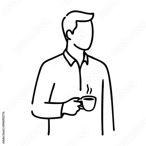 Dibujo sencillo con líneas de un hombre con camisa de manga larga de pie sujetando una taza de café humeante con la mano