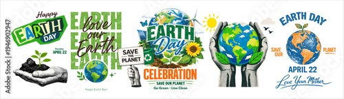 Earth Day vector illustration set with planet earth, hands holding globe, recycling symbol and green nature elements. Environmental awareness design promoting sustainability and protecting the planet.