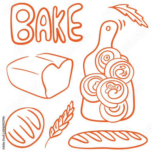 Bakery hand drawn doodle set with bread loaf baguette wheat and bake lettering
