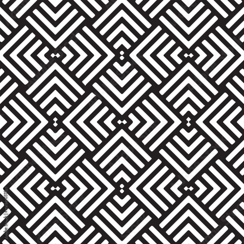 Nested white chevrons and central motifs craft a rhythmic optical diamond lattice.