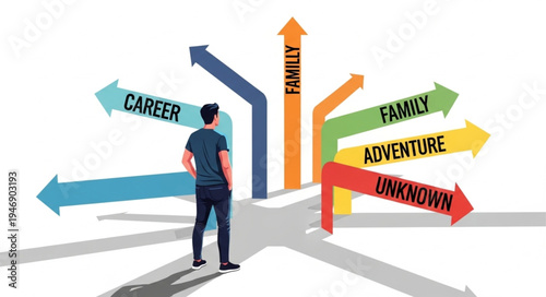 Man at crossroads with arrows.