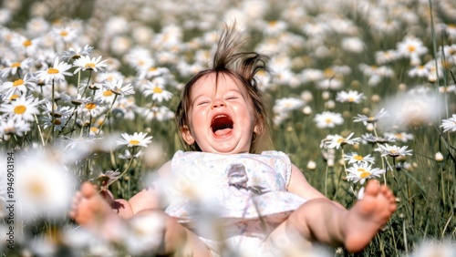 Joyful Child Laughing in Daisy Field on Sunny Summer Day