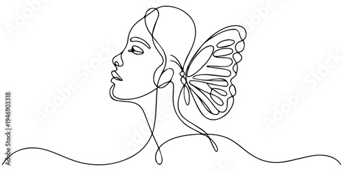 woman face with butterfly continuous one line drawing, Abstract face with butterfly one line drawing. Portrait minimalistic style. Surreal Faces Continuous line, drawing of set faces and hairstyle