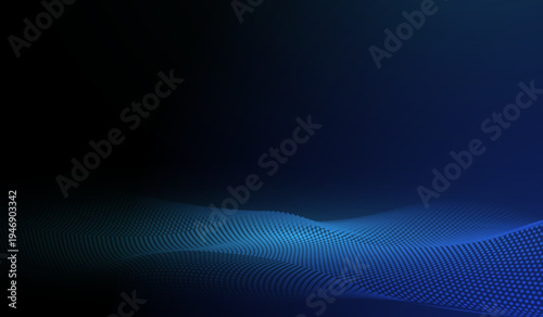 深いブルーのグラデーション空間に広がるデジタルドットウェーブ抽象背景、AI・データネットワークを象徴する未来的テクノロジーグラフィック