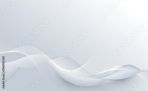 シルバーグラデーションの流れるウェーブラインが重なるミニマル抽象テクノロジー背景素材、未来感のある滑らかな曲線デザインバナー