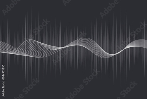 ブラック背景に広がるサウンドウェーブラインと音波グラフの抽象ビジュアル、音楽やオーディオをイメージしたデジタル波形背景