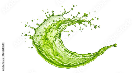 Vibrant green liquid splash forms a refreshing, dynamic wave, scattering countless tiny droplets across a pristine white background