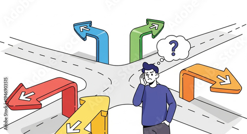 Man at crossroads with arrows.