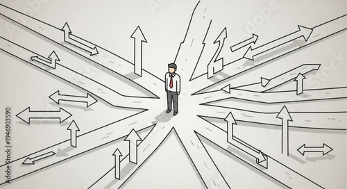 Man at crossroads with arrows.