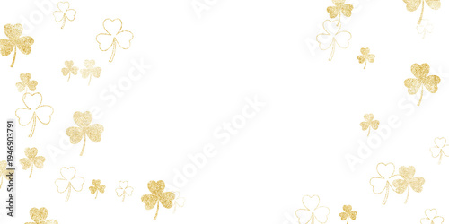Golden shamrock clover leaves  frame with copy space in center on transparent background for Saint Patricks day festive design. 