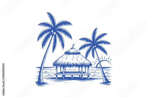 Blue illustration of beach hut with palm trees on tropical island vacation resort sea.