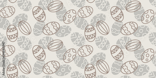 Easter seamless doodle pattern with repeating decorated eggs in soft pastel beige and gray tones. Minimal festive repeat design perfect for textile printing, wrapping paper and holiday backgrounds