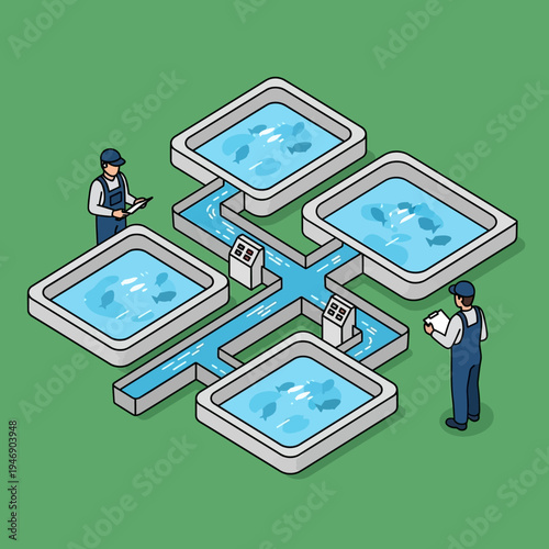 Isometric illustration of an aquaculture system with workers monitoring the process.