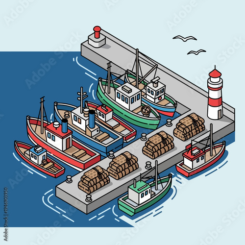 Isometric illustration of a harbor with fishing boats docked at a pier.