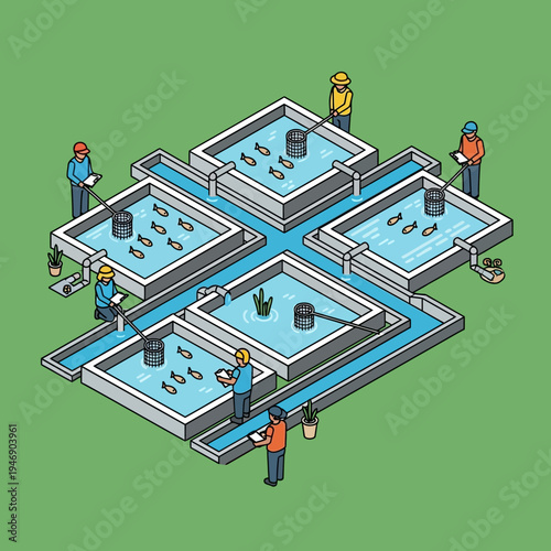 Isometric view of an aquaculture facility with multiple tanks and workers tending to the fish.