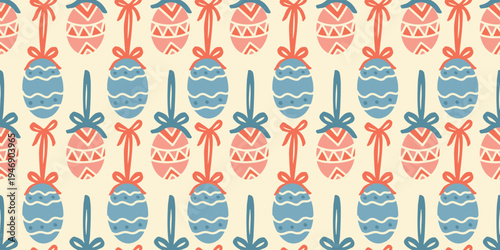 Festive Easter seamless pattern with rows of hanging pink and blue eggs decorated with geometric and wavy ornaments on ribbons. Repeat ideal for textile printing, wrapping paper and holiday decor.