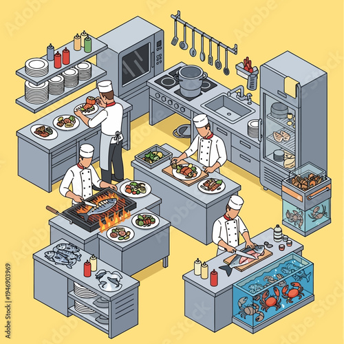 Isometric illustration of a busy restaurant kitchen with chefs preparing various dishes.