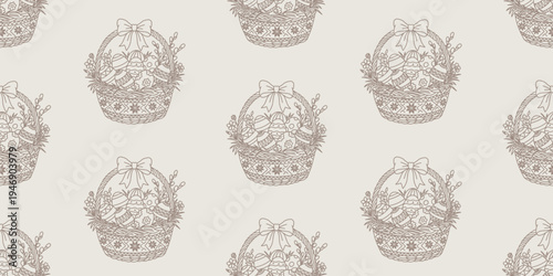 Festive Easter seamless pattern with repeating baskets filled with eggs decorated with bows and willow branches. Decorative repeat perfect for holiday textiles, wrapping and seasonal designs
