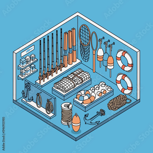 Isometric illustration of a storage room filled with nautical equipment and supplies.