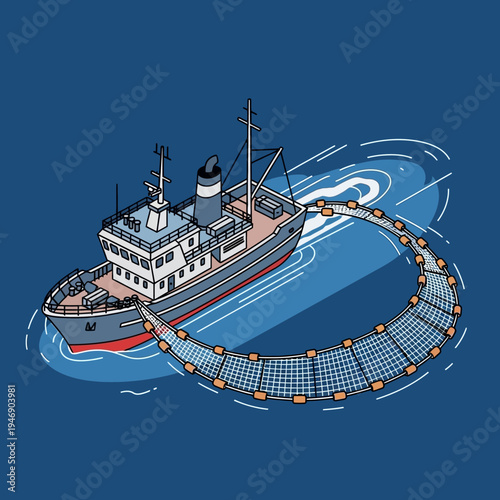An illustration of a fishing trawler deploying a large net in the ocean.