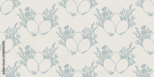 Festive Easter seamless pattern with decorated eggs combined with spring flowers snowdrops and daisies in soft blue tones on a light background. Perfect for textile and holiday designs.