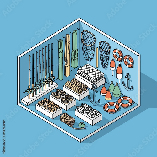 Isometric illustration of a storage room filled with fishing equipment and supplies.