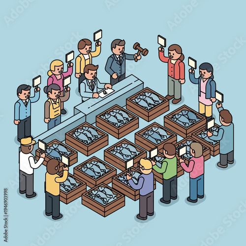 An illustration of an auction scene with people bidding on fish.