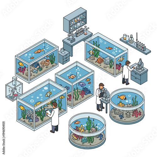 Illustration depicting a laboratory with various fish tanks and scientists conducting research.