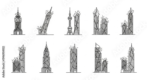 Ten sketches of dilapidated and ruined buildings in a row.