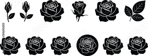 Black rose silhouette collection featuring blooming flowers, rosebuds, stems, serrated leaves, elegant floral vector icons set for wedding decoration, tattoos, logos.