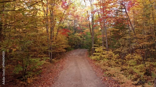 Drone aerial. Autumn cottage road in rural Ontario, Canada. 4K.