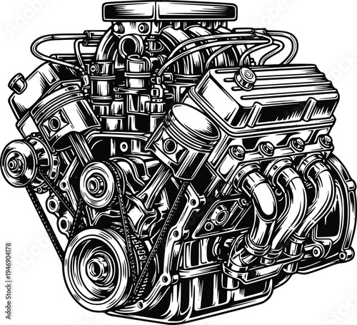Supercharged V8 Engine Hand Drawn Mechanical Vector Illustration