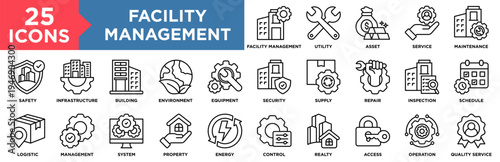 Facility Management Icon Set Collection. Icon Pack Contain Building, Maintenance, Asset, Service, Operation, Security, Energy, Utility, Supply