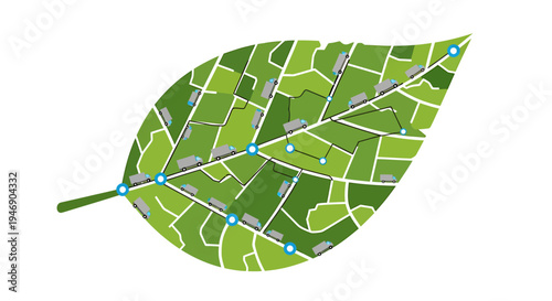 Detailed Green Leaf with Network of Blue Nodes and Lines. Vector Illustrations. EPS Editable