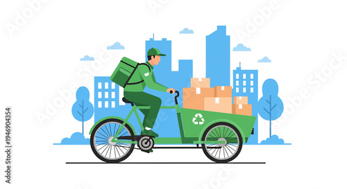 EcoFriendly Bicycle Delivery Person in Urban Environment. Vector Illustrations. EPS Editable