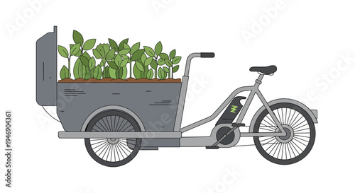 EcoFriendly Bicycle Delivery Tricycle with Green Plants for Urban Transportation. Vector Illustrations. EPS Editable