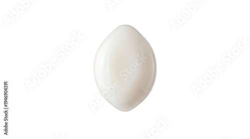 Gleaming milky white marquise cabochon gem standing alone on a pristine white canvas