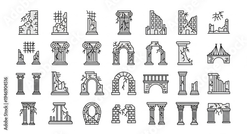 Collection of Ancient Ruins and Architectural Fragments in Sketch Style.