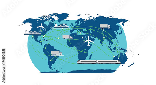 Global Transportation and Travel Network Illustration with Airplanes Ships and Trains. Vector Illustrations. EPS Editable