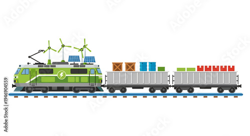 Green Electric Train Transporting Cargo on Rails. Vector Illustrations. EPS Editable