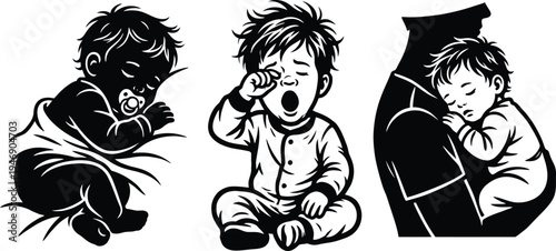 Sleeping baby and yawning toddler monochrome vector illustrations