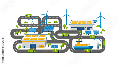 Renewable Energy EcoFriendly Power Plant with Wind Turbines and Solar Panels. Vector Illustrations. EPS Editable