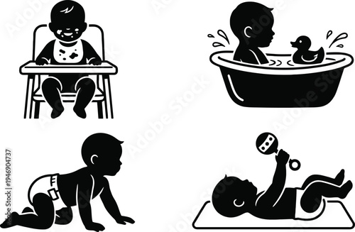 Set of four baby daily activity icons in black silhouette style