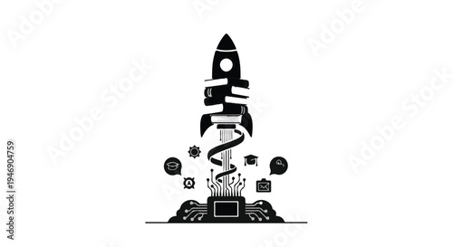 Black and white illustration of rocket launching from computer