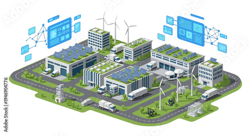 Smart City Infrastructure with Renewable Energy and Digital Technology Integration. Vector Illustrations. EPS Editable