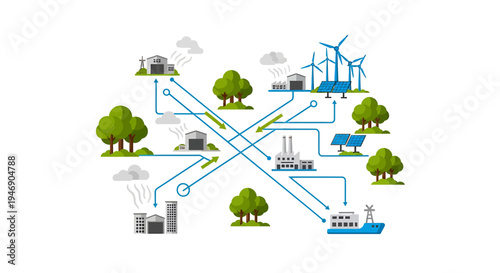 Smart Renewable Energy Network Connecting Wind Solar and Hydro Power. Vector Illustrations. EPS Editable