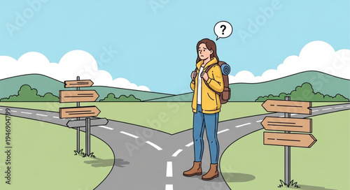 Man at crossroads with signs.